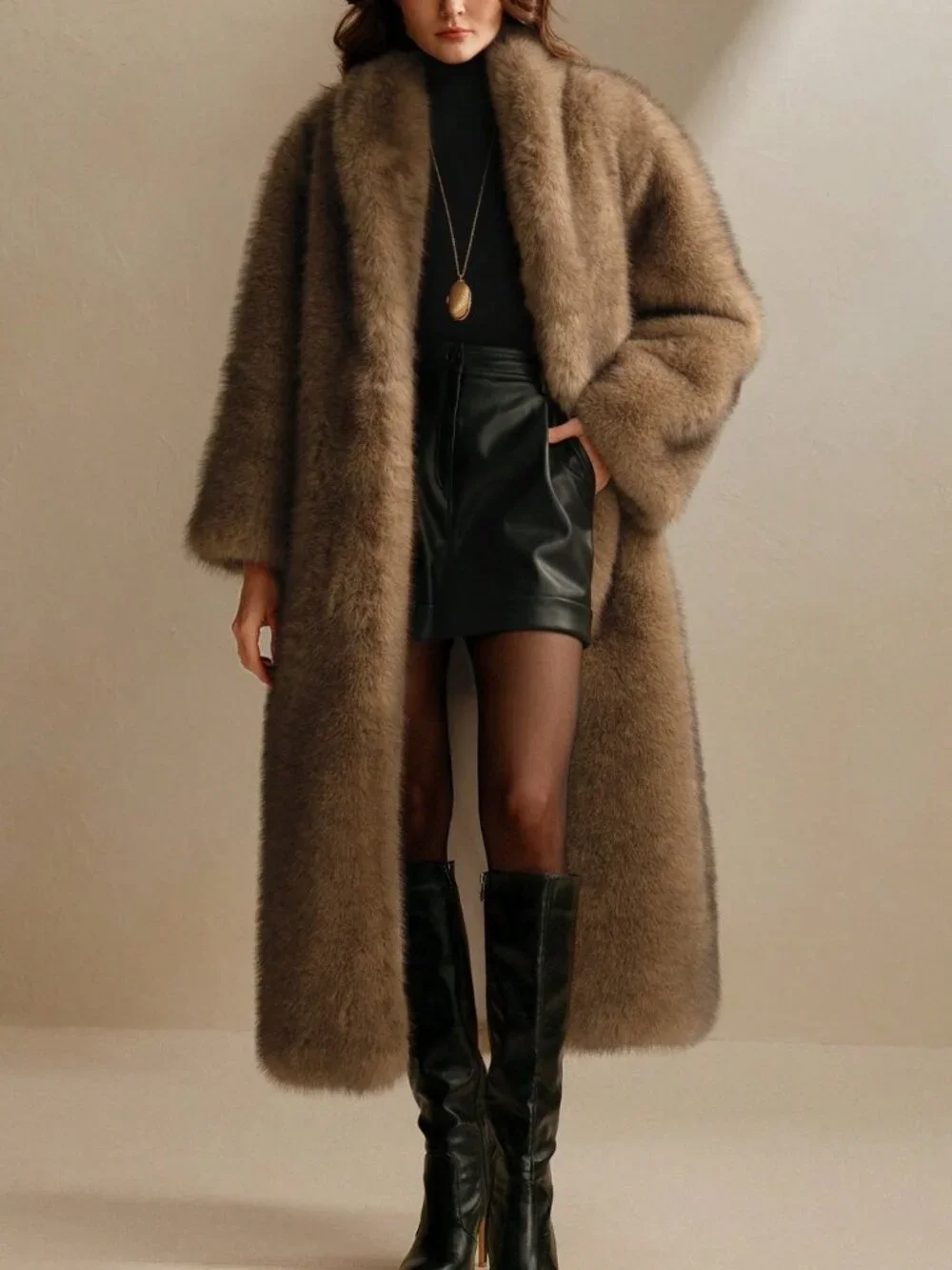 Brown Casual Women's Faux Fox-Fur Collar Long Coat